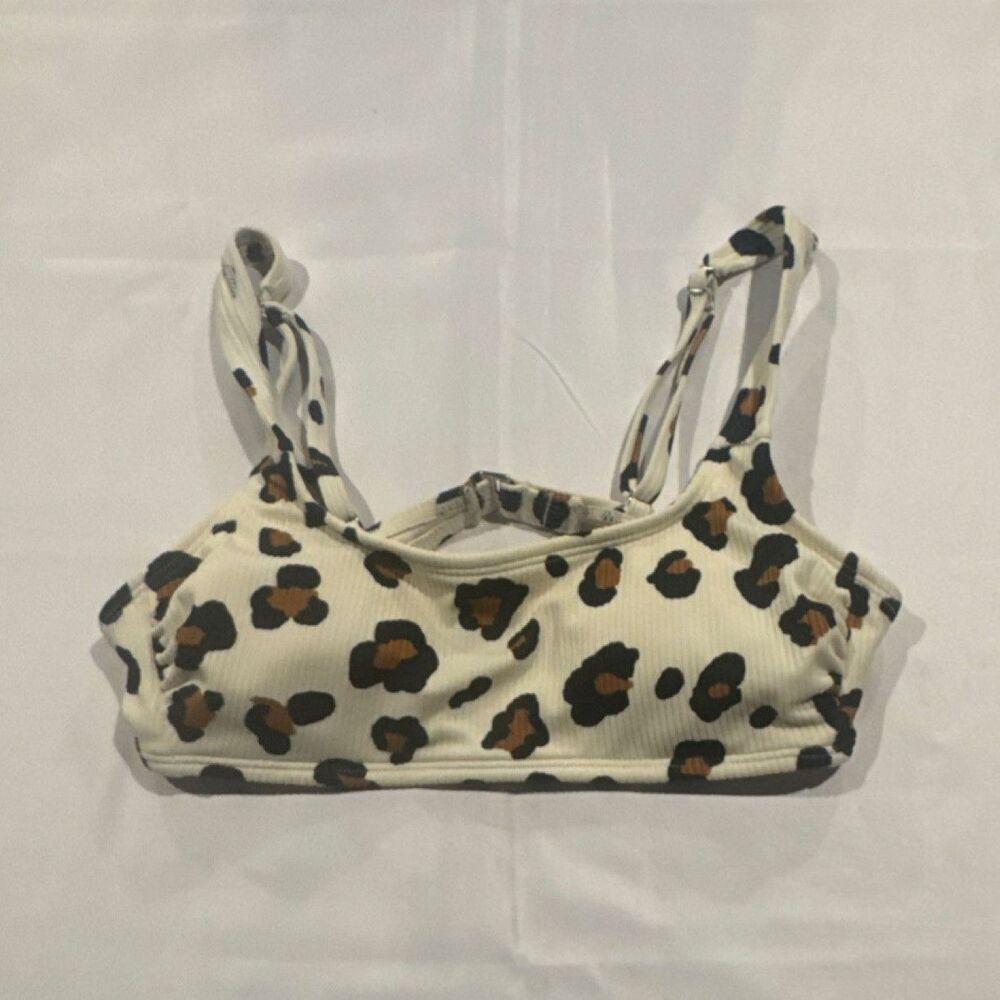 Women’s Cream/Brown/Black Leopard Print Bralette Bikini Swim Top Wide Strap S